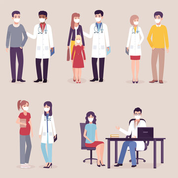 Doctors, nurses with patients in masks. Set of women and men visiting emergency person. Medical characters in protection uniform. Healthcare concept. Vector illustration. Flat design.