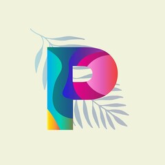 Flat letter P with tropical leaves. Vector illustration.