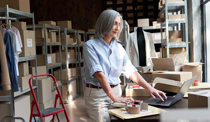 Older middle aged business woman entrepreneur, fashion clothing seller using laptop checking ecommerce dropshipping order packing online shop shipping delivery parcels boxes at workplace in warehouse.