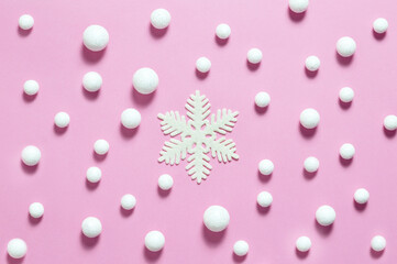 Christmas background with Christmas snowflake ornament and white glitter ball decorations