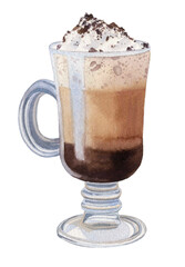 Coffee layers. Delicious hot drink with whipped cream and chocolate. Hand-drawn watercolor illustration on a white background. Picture for restaurant, cafe, menu, food design.