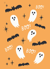 Halloween Cute Vector Pattern with Scary Bat Silhouettes and Spooky Ghosts on Orange Background. Hand Drawn Illustration. Works Well on Posters or Cards.