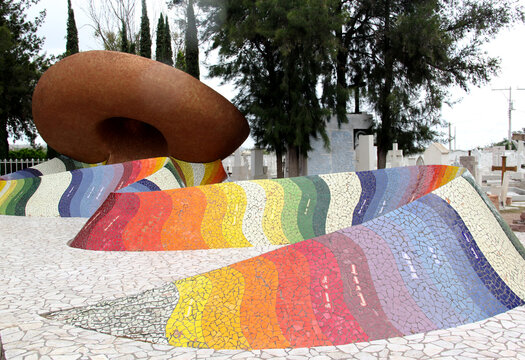 famous tomb of jose alfredo jimenez shaped like a charro hat and colored zarape in dolores hidalgo guanajuato
