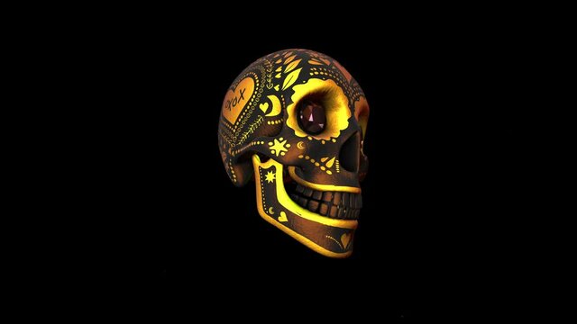 Seamless elegant animation gold metal skull with shiny embroidery pattern. Hypnotic halloween dark background with black and gold texture and gemstones.