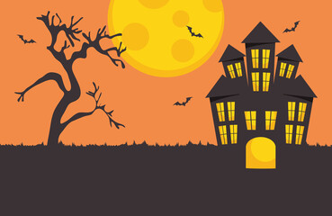 happy halloween design with horror castle and full moon