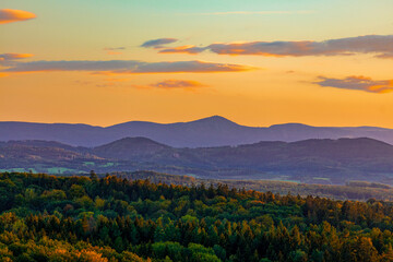 Fototapeta View at Sudetes Mountains in sunset time in autumn. obraz