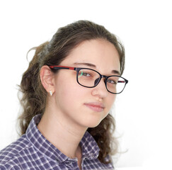 a young girl with glasses and a shirt on a white background, a difficult choice of profession