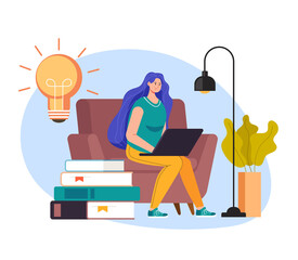 Woman girl student character sitting on laptop and watch online tutorial. Internet education concept vector flat graphic design flat illustration