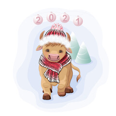 Cute Cartoon Bull in a knit cap and Christmas trees