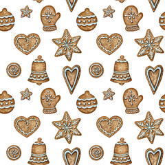 Christmas gingerbread cookies seamless pattern, mitten heart bell winter holiday sweet food background. Watercolor illustration. Xmas gift and tree decorations. Wrapping Paper, fabric texture design