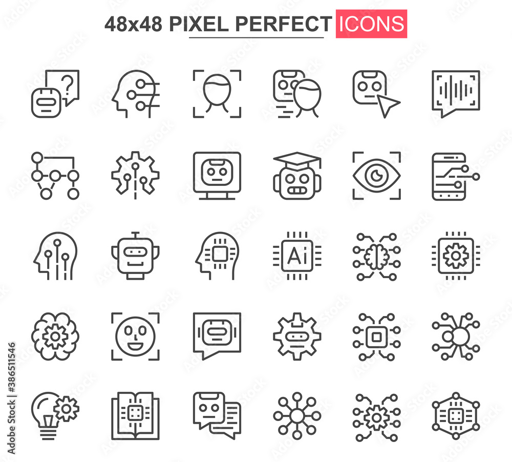 Poster Artificial intelligence thin line icon set. Machine learning outline pictograms for website and mobile app GUI. Smart technology simple UI, UX vector icons. 48x48 pixel perfect pictogram pack.