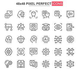 Artificial intelligence thin line icon set. Machine learning outline pictograms for website and mobile app GUI. Smart technology simple UI, UX vector icons. 48x48 pixel perfect pictogram pack.
