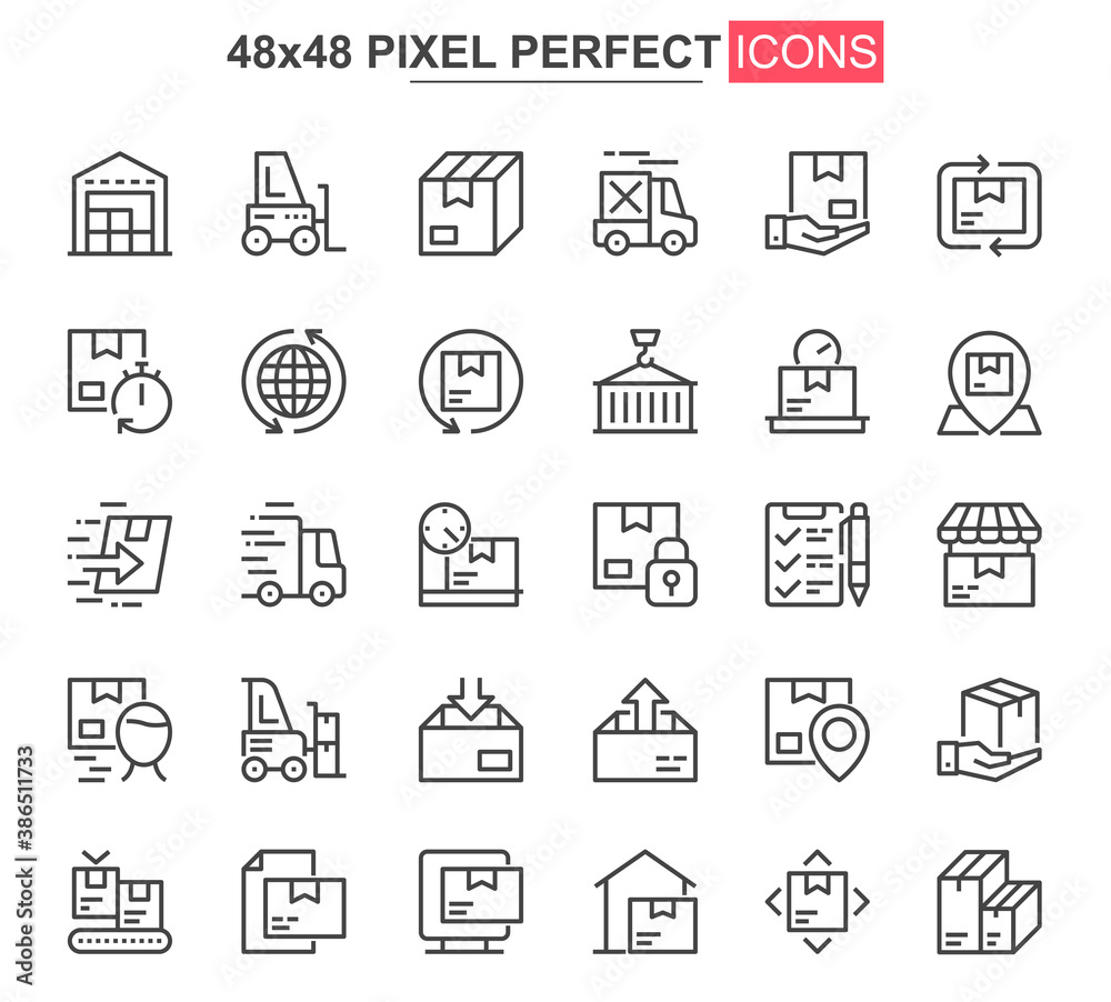 Poster delivery service thin line icon set. logistics and shipping outline pictograms for website and mobil