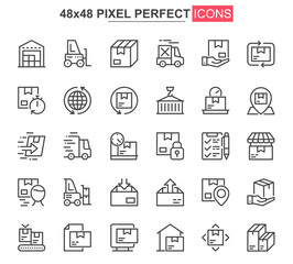 Delivery service thin line icon set. Logistics and shipping outline pictograms for website and mobile app GUI. Express delivery simple UI, UX vector icons. 48x48 pixel perfect pictogram pack.