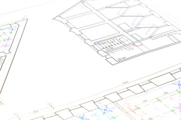 Architectural design, drawings, drawings are lying on the table. Construction Fund, engineering tools. top view