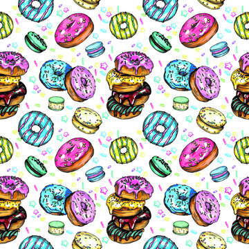 Seamless vector print with colored donuts. Bright, colorful pattern for packaging paper, printing, covers and leaflets. Donuts and macaroons.