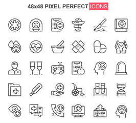 Medical service thin line icon set. Online consultation outline pictograms for website and mobile app GUI. Diagnosis and treatment simple UI, UX vector icons. 48x48 pixel perfect pictogram pack.