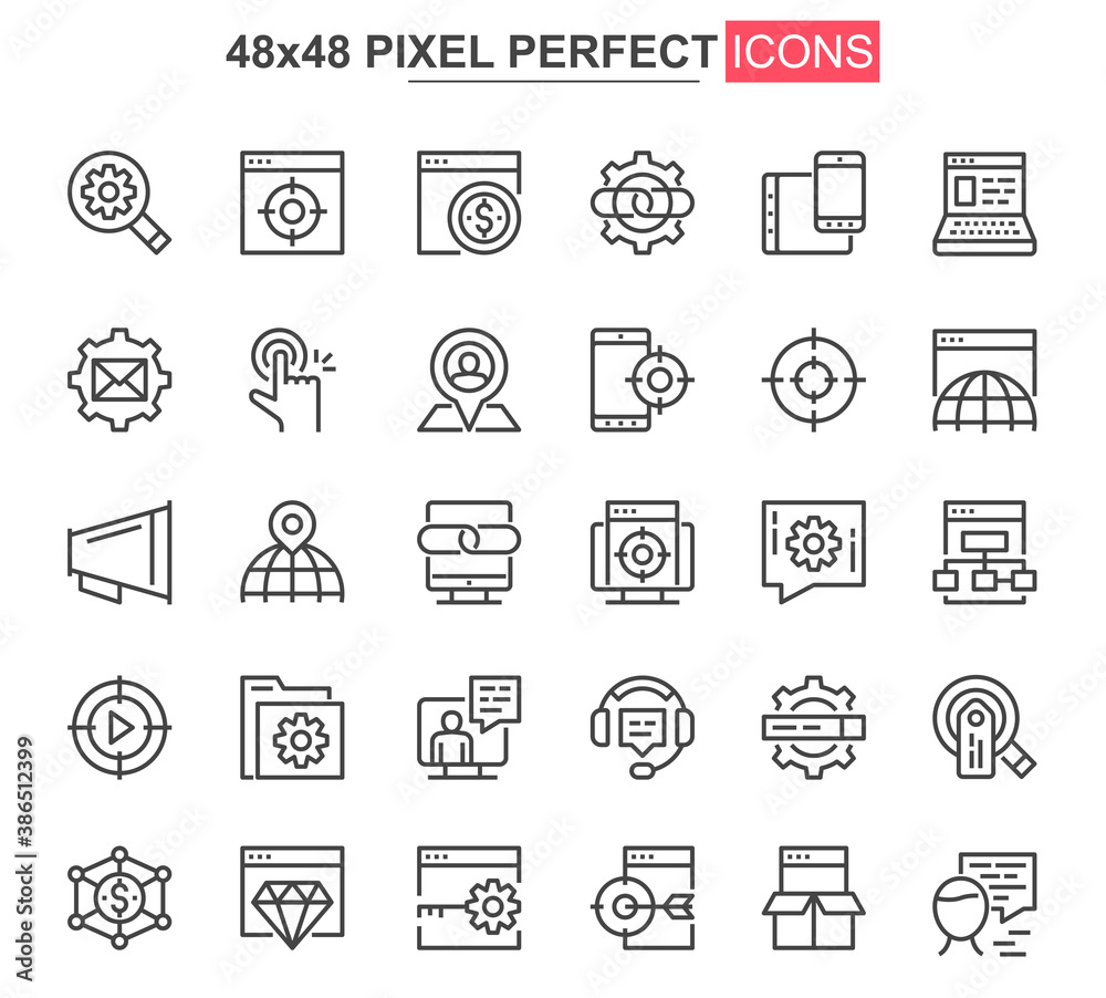 Poster seo optimization thin line icon set. web analytics outline pictograms for website and mobile app gui