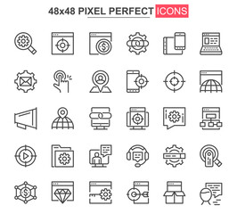 SEO optimization thin line icon set. Web analytics outline pictograms for website and mobile app GUI. Search engine optimization simple UI, UX vector icons. 48x48 pixel perfect pictogram pack.
