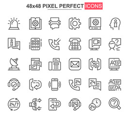 Support service thin line icon set. Customer support, hotline consultation outline pictograms for web and mobile app. Call center simple UI, UX vector icons. 48x48 pixel perfect pictogram pack.