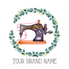 Sewing logo. Vintage sewing machine with floral wreath.  Watercolor illustration on white isolated background. Hobby. Homemade hobby. Embroidery, sewing. Tailor shop logo. 