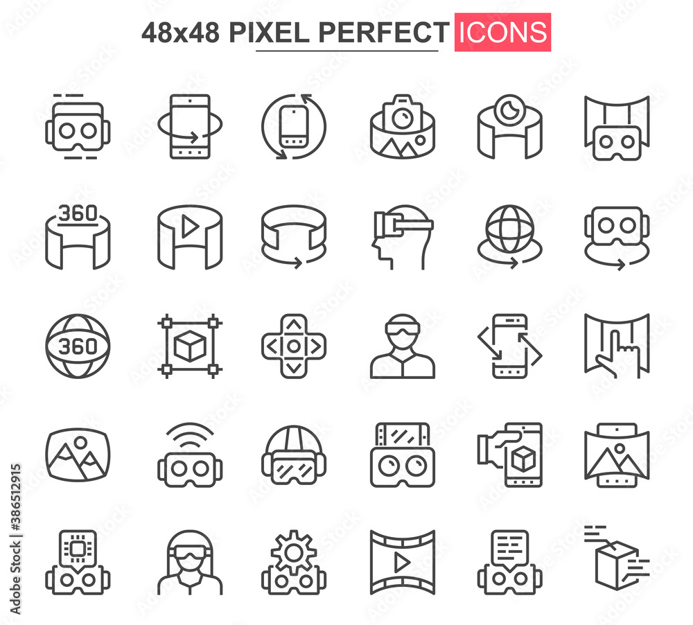 Poster Virtual reality thin line icon set. 3d simulation and computer vision outline pictograms for web and mobile app GUI. VR technology simple UI, UX vector icons. 48x48 pixel perfect pictogram pack.