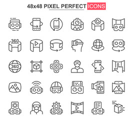 Virtual reality thin line icon set. 3d simulation and computer vision outline pictograms for web and mobile app GUI. VR technology simple UI, UX vector icons. 48x48 pixel perfect pictogram pack.