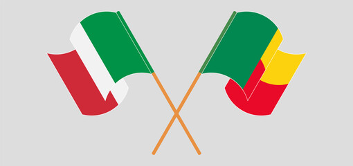 Crossed and waving flags of Benin and Italy