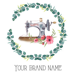 Sewing logo. Vintage sewing machine with floral wreath.  Watercolor illustration on white isolated background. Hobby. Homemade hobby. Embroidery, sewing. Tailor shop logo. 