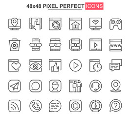 Fototapeta na wymiar Website UI thin line icon set. User menu and interface navigation outline pictograms for web and mobile app. Management and messaging simple vector icons. 48x48 pixel perfect pictogram pack.