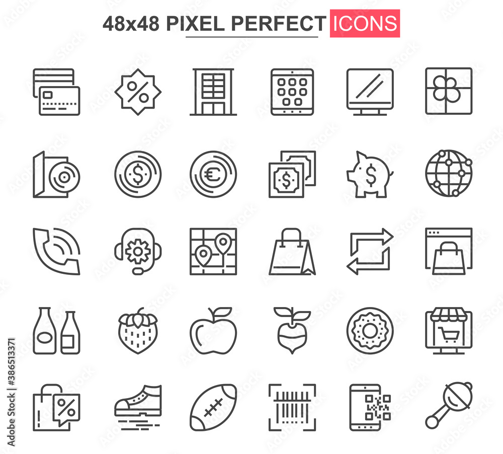 Poster shopping thin line icon set. discount offer and retail sale outline pictograms for web and mobile ap
