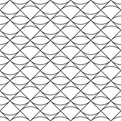 Fototapeta premium Grid motif. Ethnic embroidery ornament with repeated figures. Scale. Repeat scallop background. Seamless surface pattern design with scales. Grill wallpaper. Crossed diagonal lines and curves. Vector.