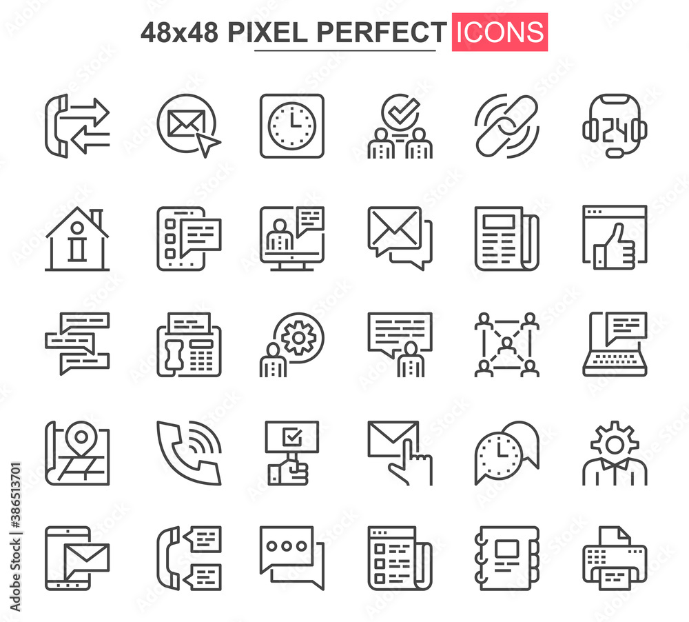 Poster Contact us thin line icons set. Online communication, email messaging unique design icons. Business connections, chat and phone calling outline vector bundle. 48x48 pixel perfect linear pictogram pack