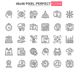 Startup thin line icons set. Business idea generation and development. Startup project, company founding unique design icons. outline vector bundle. 48x48 pixel perfect linear pictogram pack.