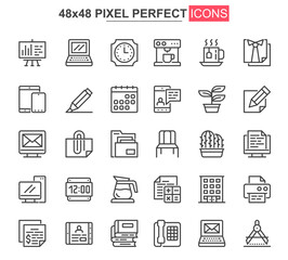 Workspace thin line icons set. Corporate workplace, coworking space unique design icons. Business workflow, corporate management outline vector bundle. 48x48 pixel perfect linear pictogram pack.