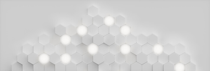Abstract White background geometric hexagonal abstract background. Surface polygon pattern with glowing hexagons, hexagonal honeycomb. Abstract white self-luminous hexagons, 3D Illustration