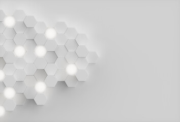 Abstract White background geometric hexagonal abstract background. Surface polygon pattern with glowing hexagons, hexagonal honeycomb. Abstract white self-luminous hexagons, 3D Illustration