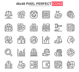 Finance thin line icons set. Online banking, capital investment unique design icons. Financial deposit, payment and exchange currency outline vector bundle. 48x48 pixel perfect linear pictogram pack.