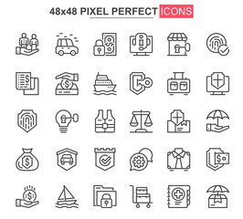 Insurance thin line icons set. Accidents protection and life insurance unique design icons. Financial safety, retirement program outline vector bundle. 48x48 pixel perfect linear pictogram pack.