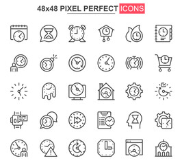 Time thin line icons set. Business productivity, efficiency unique design icons. Time measuring and management, deadline and countdown outline vector bundle. 48x48 pixel perfect linear pictogram pack.