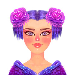 illustration of a hand drawn portrait of a girl with blue, purple and pink hair. Beautiful girl with flowers in her hair and purple eyes