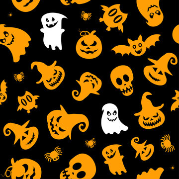 Seamless vector pattern for Halloween design. Halloween symbols: ghost, spider, pumpkin in cartoon style. Vector Illustration.