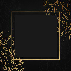 Black and anthracite background with luxery golden ornaments and leaves. Golden frame. Good for logo or invitation.