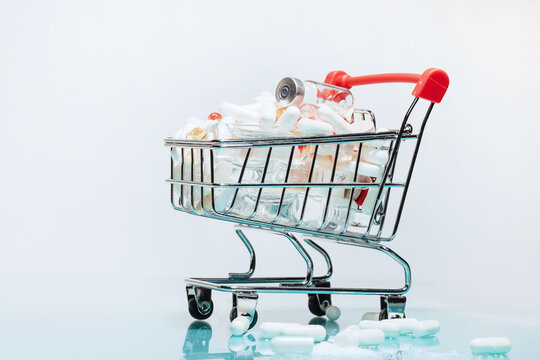 shopping cart with medicines. photo with a copy-space.