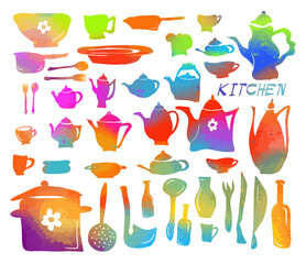 Fototapeta na wymiar A set of multi-colored kitchen utensils. Vector illustration