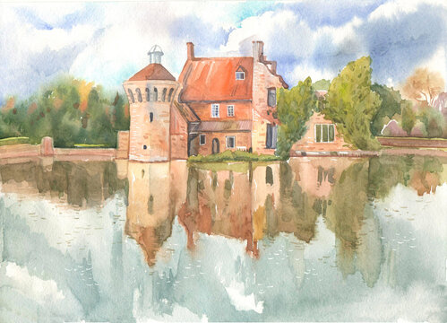 Old Skotney Castle and its surrounding park are reflected in the lake water on an autumn day, this is a watercolor drawing on paper. Old English country castle in Kent on the Bewl River
