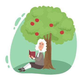 Smiling scientist Newton reading book under tree apple on ground. Vector illustration