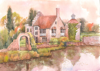 Old Scotney Castle, tower, house, gate and the surrounding park are reflected in the lake water on an autumn day, this is a watercolor drawing. English country castle in Kent on the Bewl River.