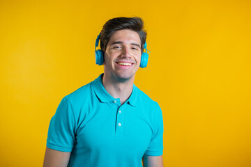 Handsome young man with trendy hairdo having fun, smiling, dancing with blue headphones in studio against yellow background. Music, dance, radio concept.