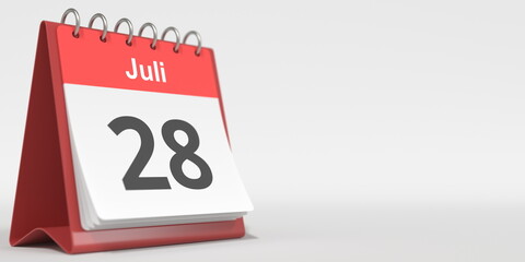 July 28 date written in German on the flip calendar page. 3d rendering